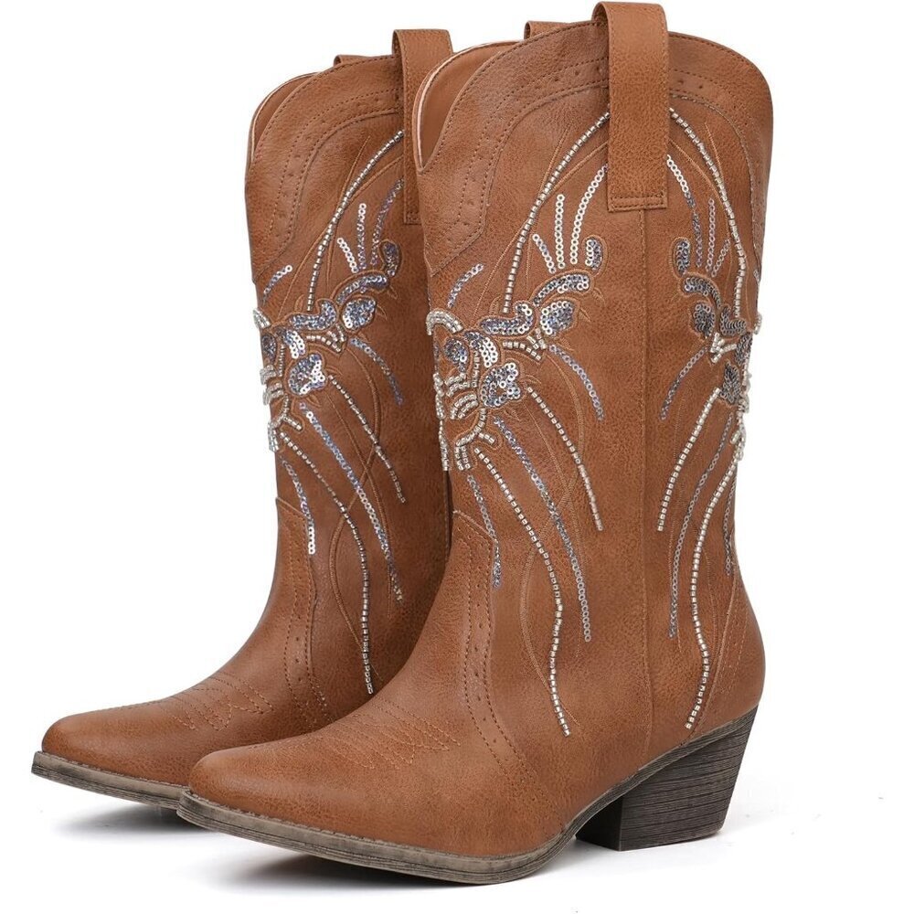 🆕Women's Brown Mid Calf Western Pointed Toe Sequin Embroidered Heel Boots